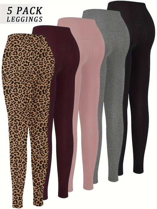 5 Pack High-Waisted Tummy Control Leggings for Women